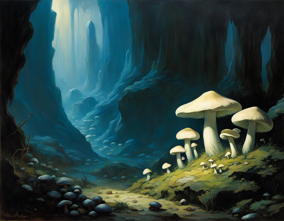 Glowing Mushrooms in Dark Fantasy Cave