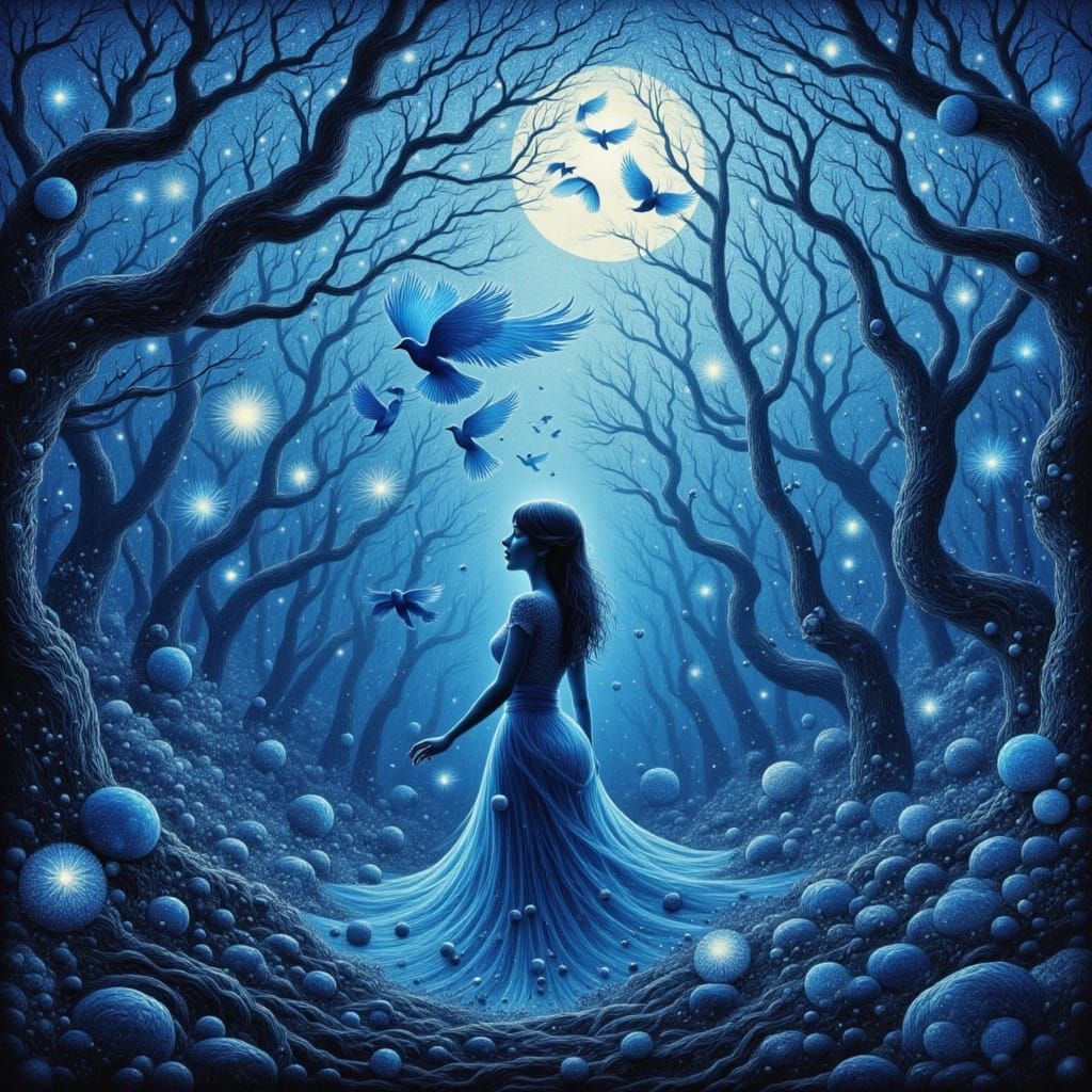 Woman Guides Blue Birds in Luminous Forest