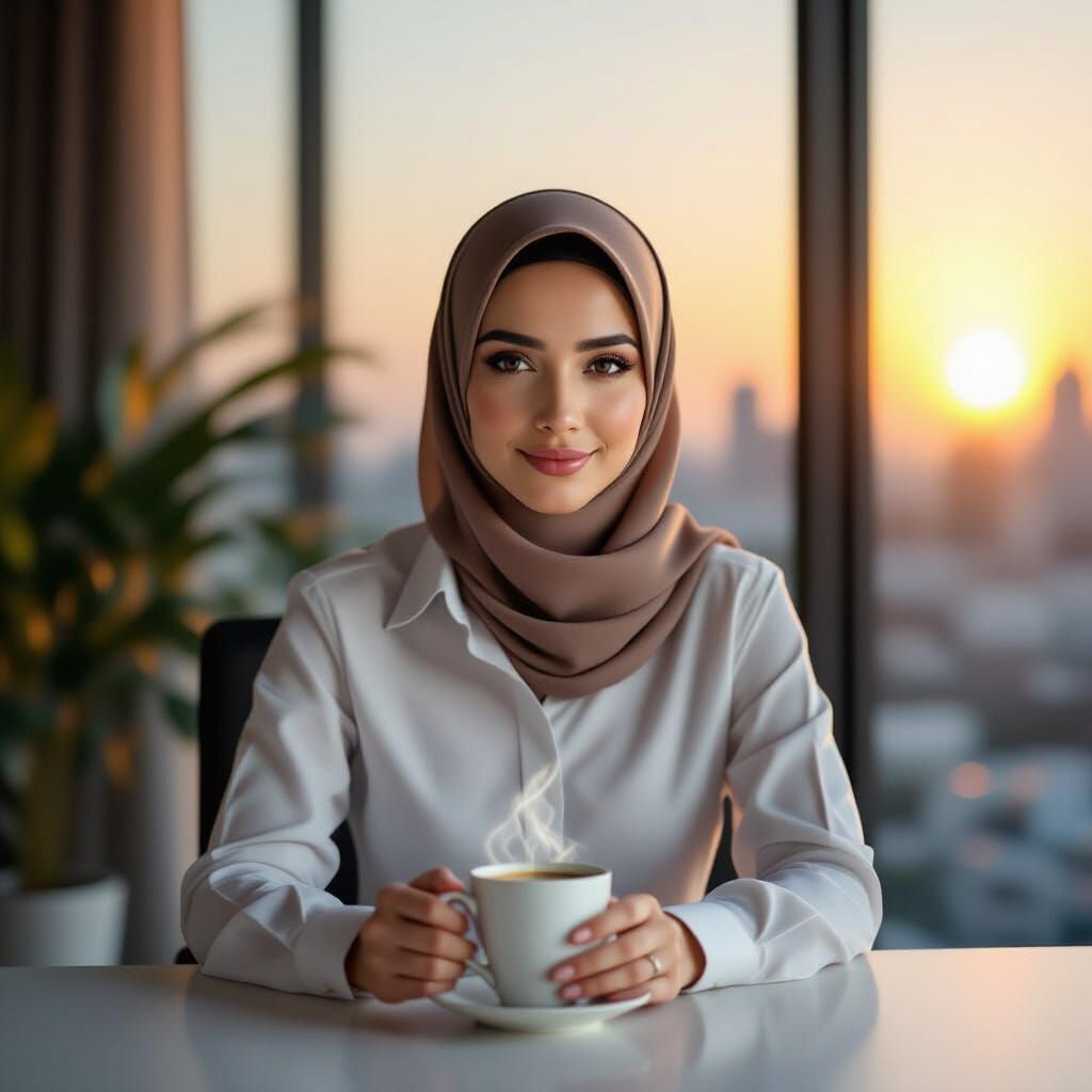 Confident Woman Enjoying Coffee in Minimalist Office