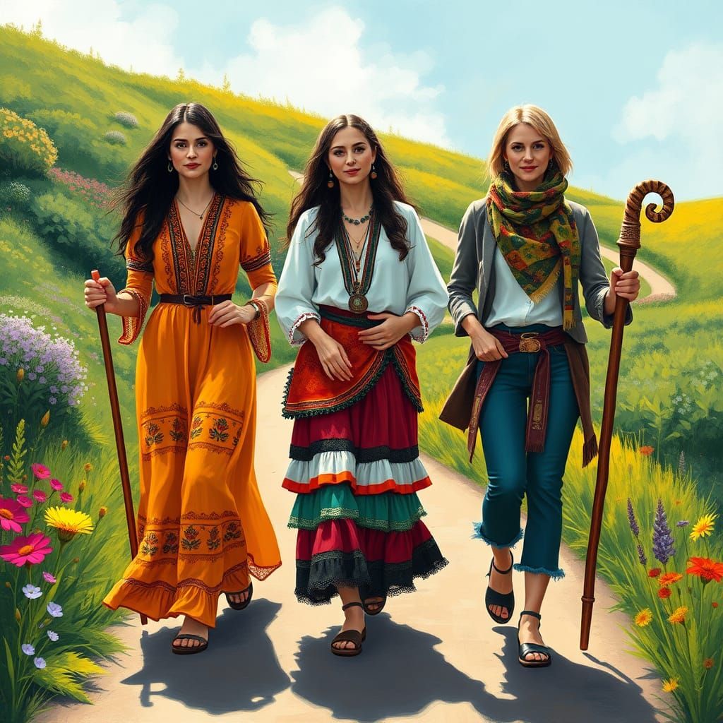 Three Women Walking in a Sun-Drenched Landscape