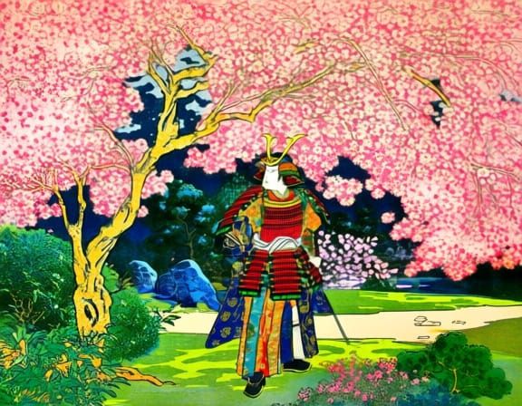 Samurai in Japanese Garden, Ukiyo-e Style