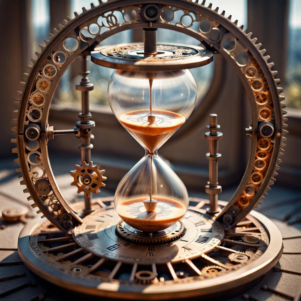 Orange Hourglass Sundial with Clockwork Gears
