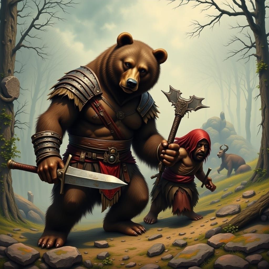 Bear Warrior Confronts Anguished Dwarf