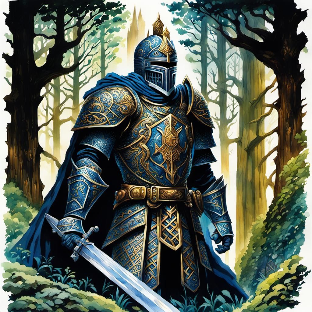 Majestic Knight in Gothic Armor, Watercolor Impression