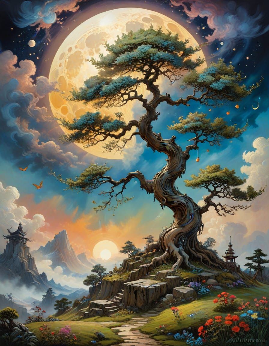 Hyperdetailed Moonlit Bonsai Landscape in Neo-Impressionist ...