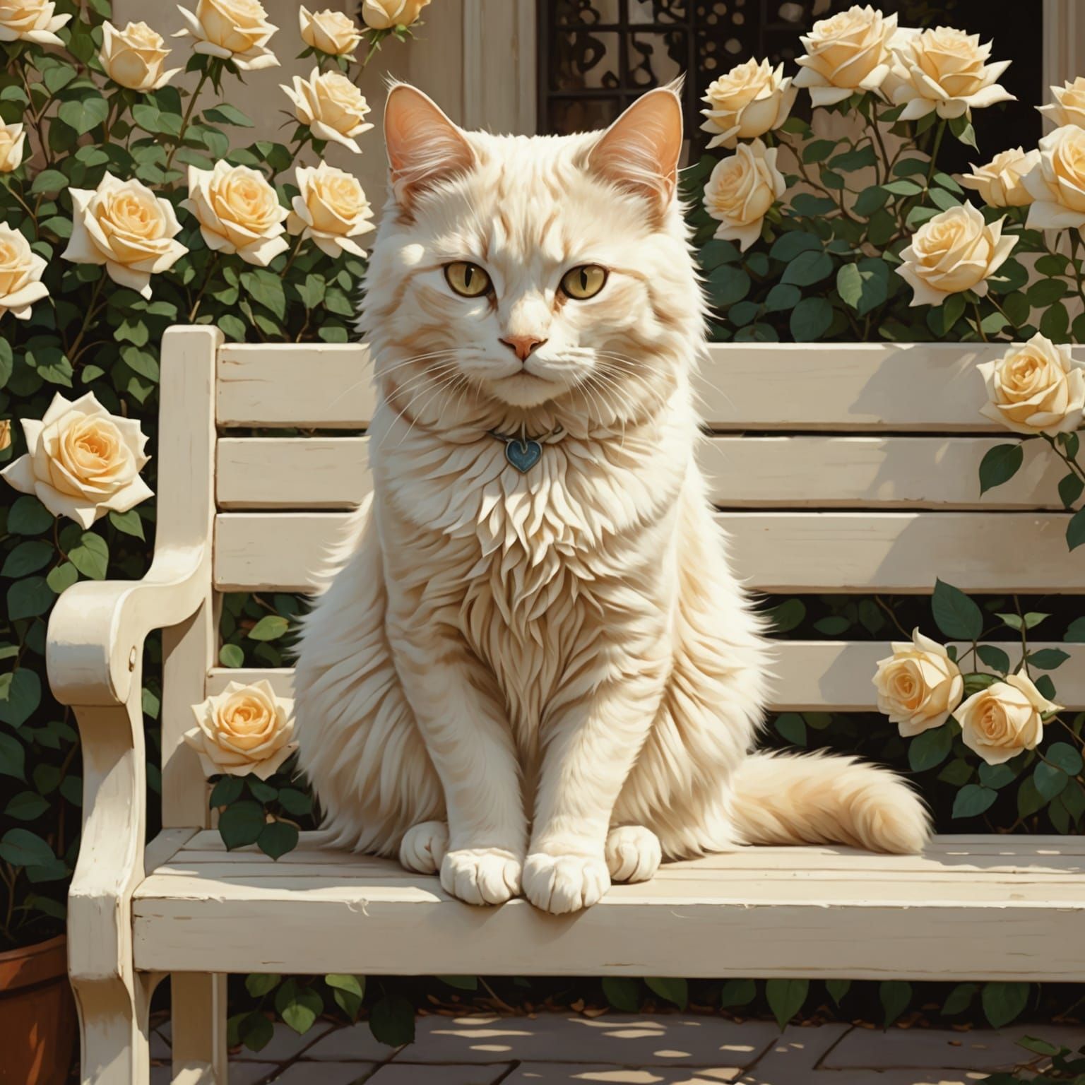 Cream Cat in Rose Garden, Waterhouse Style