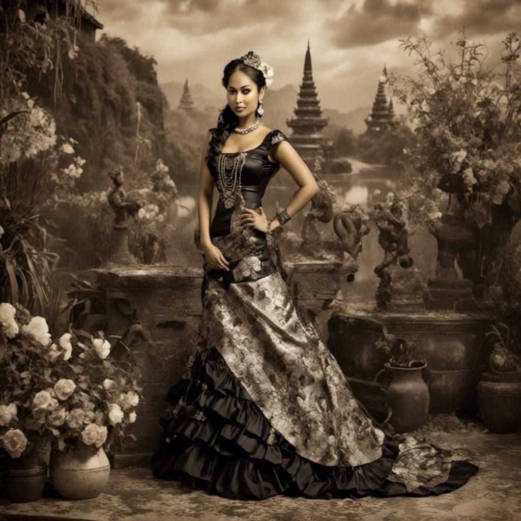 Fashionable Woman in Thai Costume with Sepia Monument