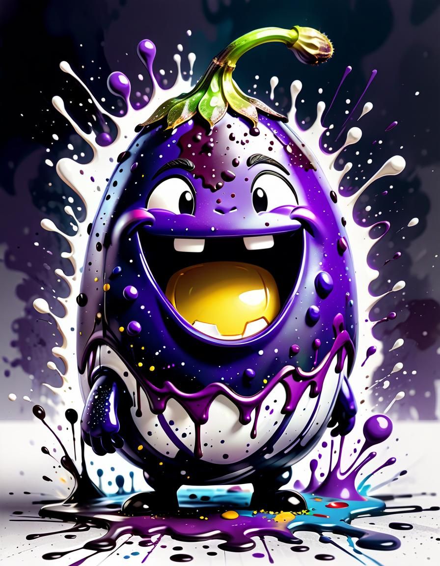 Adorable Chibi Eggplant in Abstract Splatter Paint Style