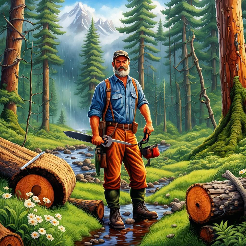 Hard Working Lumberjack in a Lush Rainforest