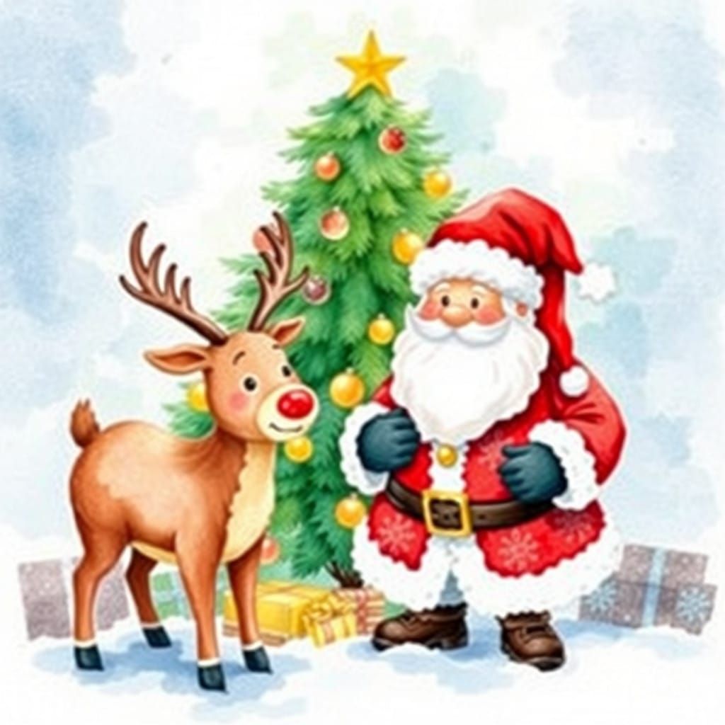 Santa Claus and Rudolph in Festive Watercolor