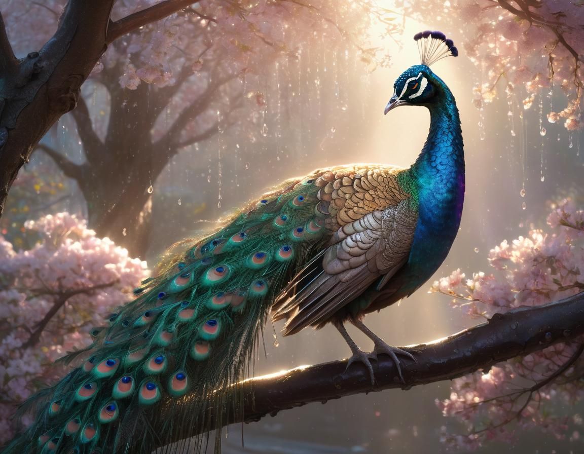 Radiant Peacock with Rainbow Dewdrops and Cherry Blossoms