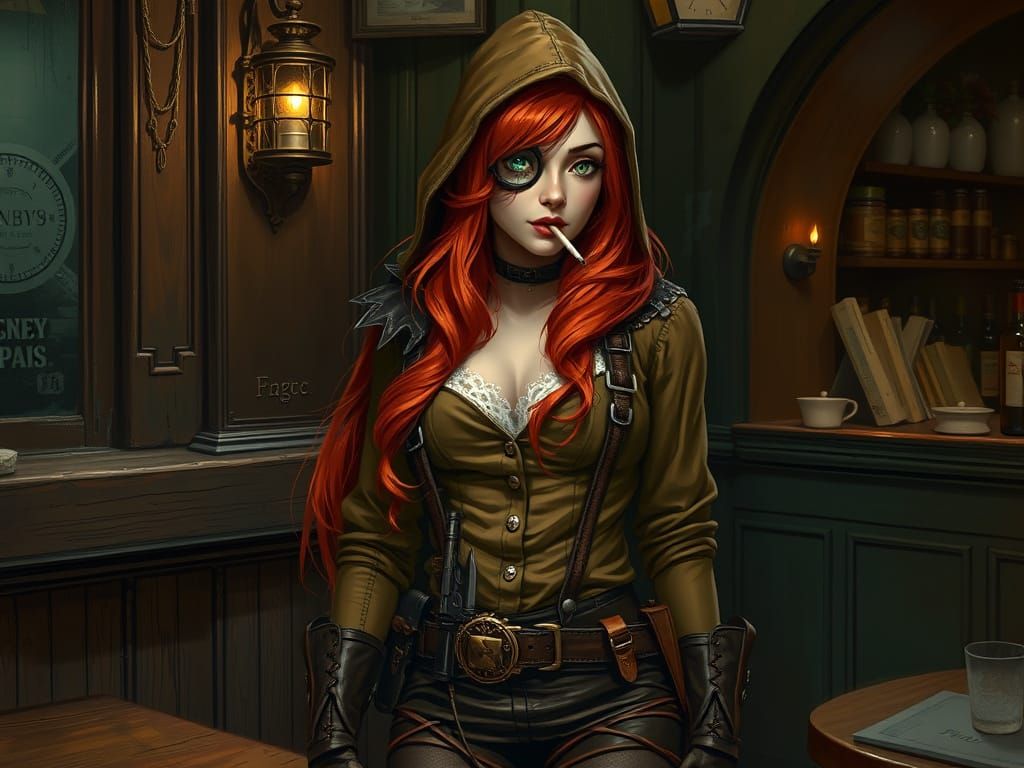 Steampunk Rogue in Dark Pub, Detailed Triadic Color Art