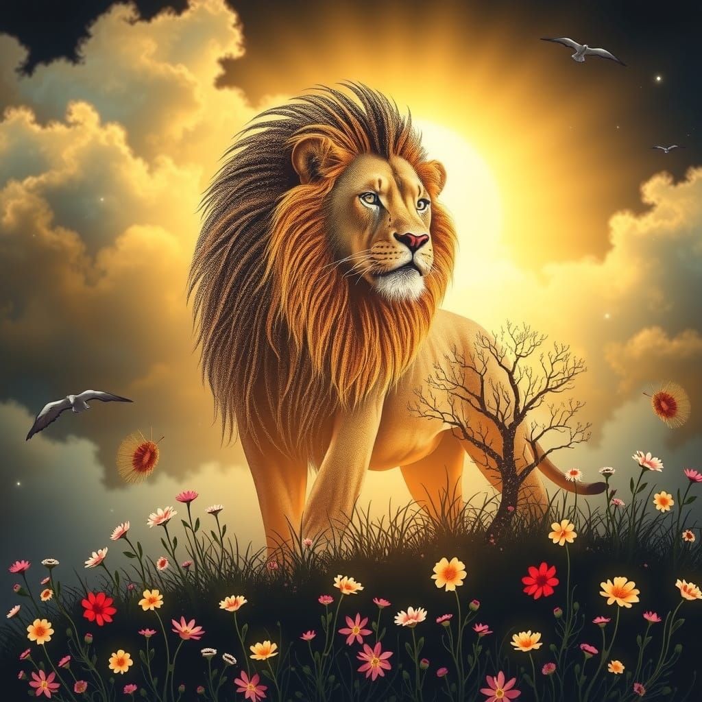 Majestic Lion in Surreal Landscape with Vibrant Colors