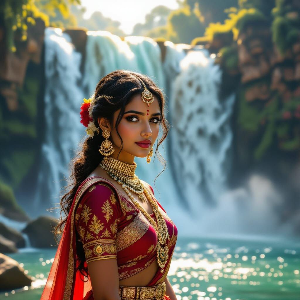 Rajasthani Girl Before Majestic Waterfall in Golden Hour Lig...