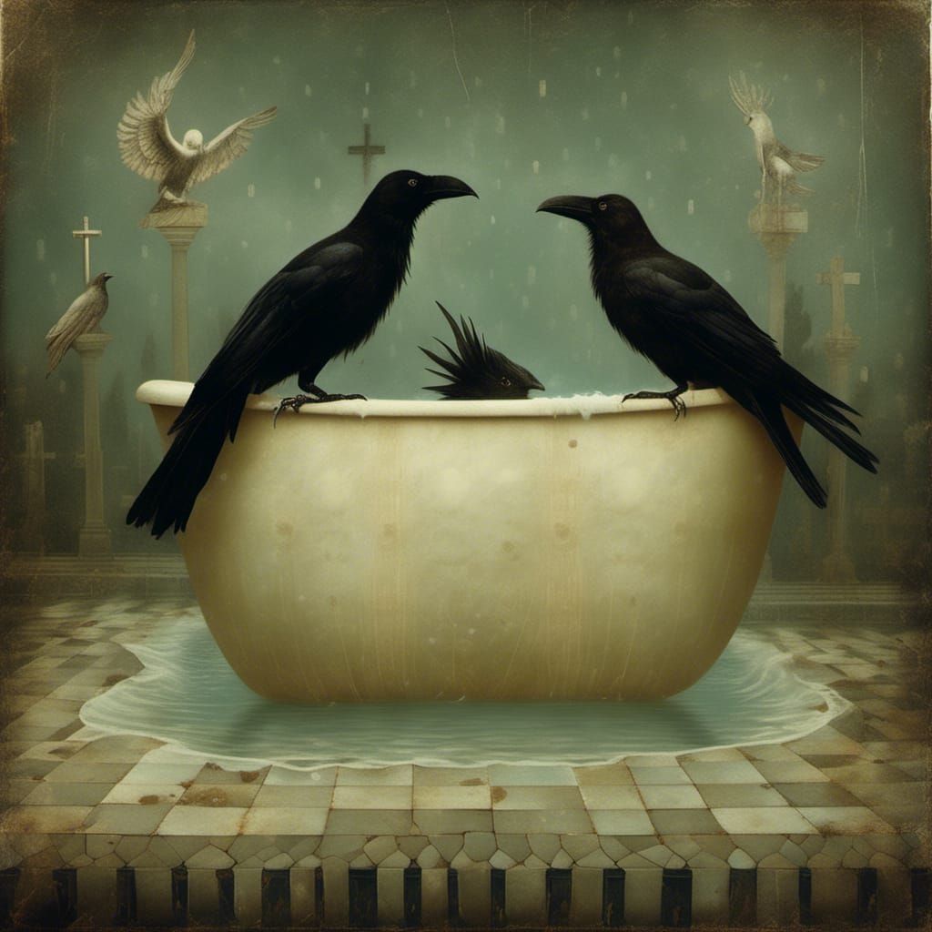 Potato and Crow Bathing in Cemetery, Macabre Art