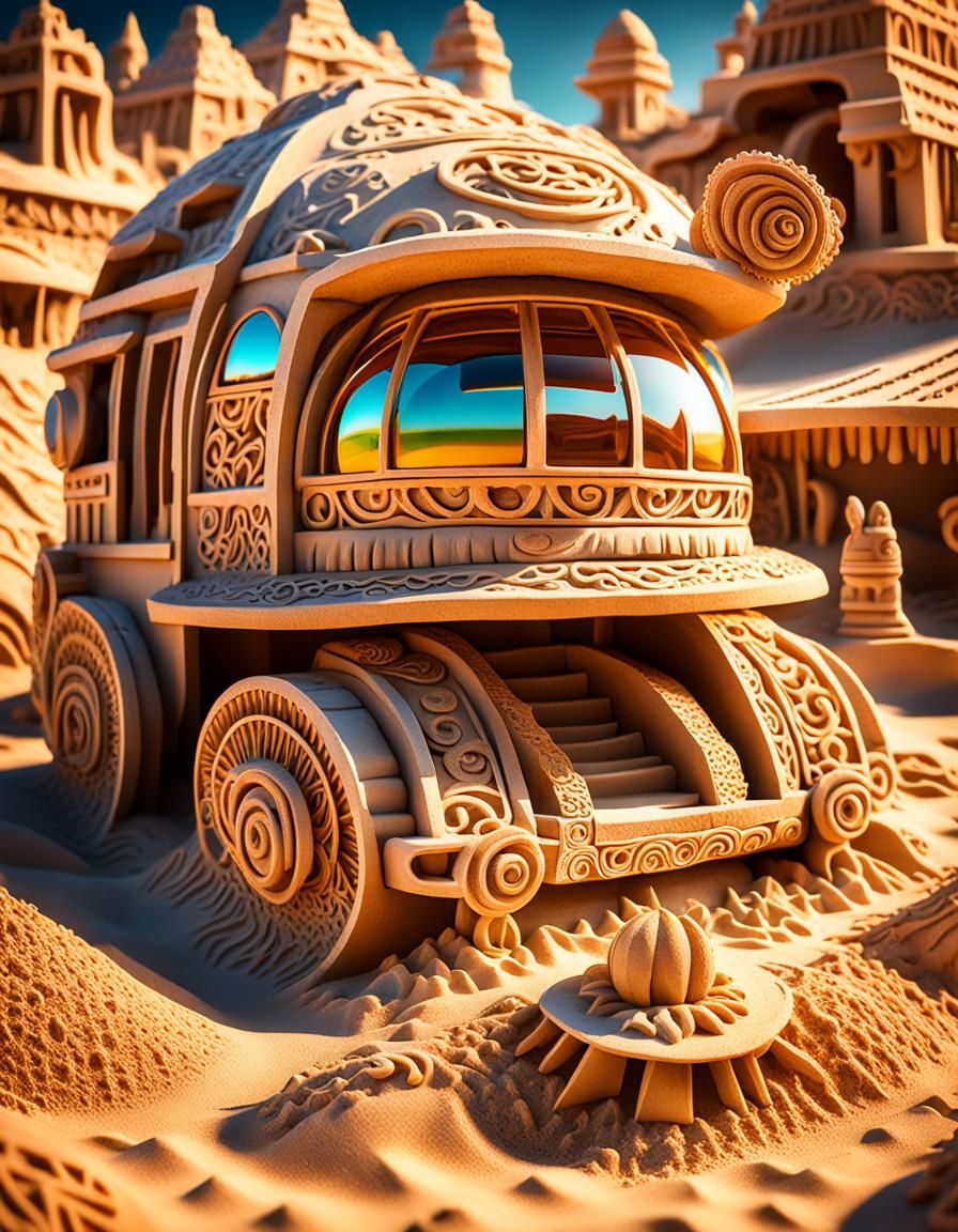sand sculpture car, sand sculpture, fantasy, magic, 64 megapixels, hyperdetailed highly intricate sand, ultradefined tex...