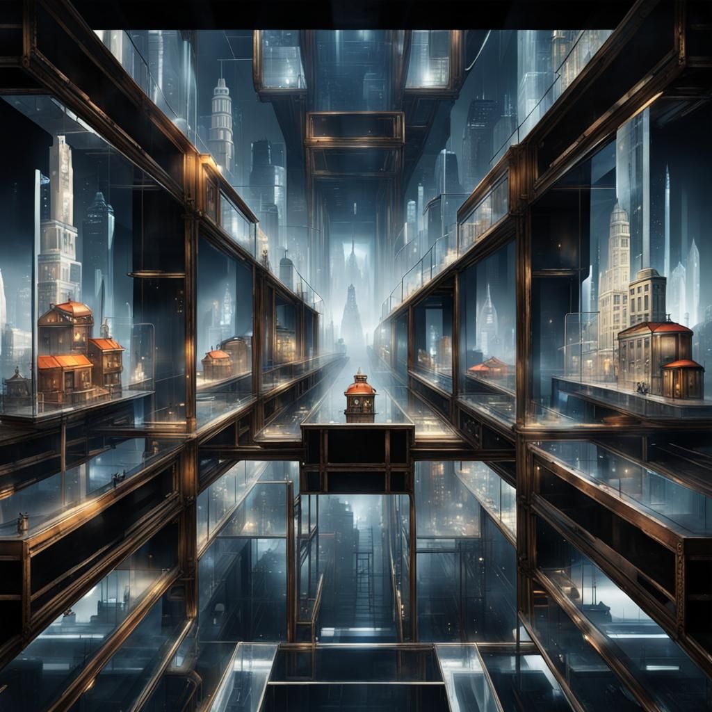 Futuristic Glass City in Glass Cube