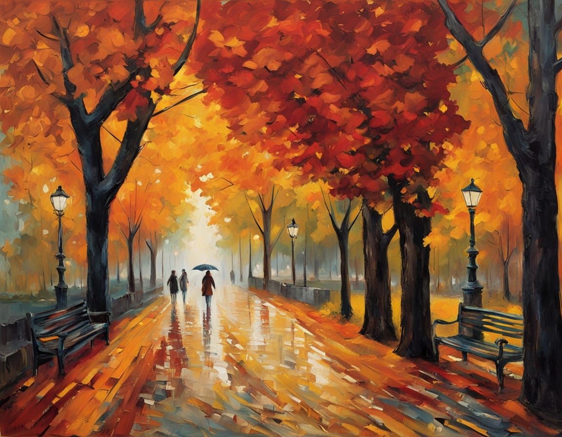 Autumn Garden Alley in Impasto Oil Painting