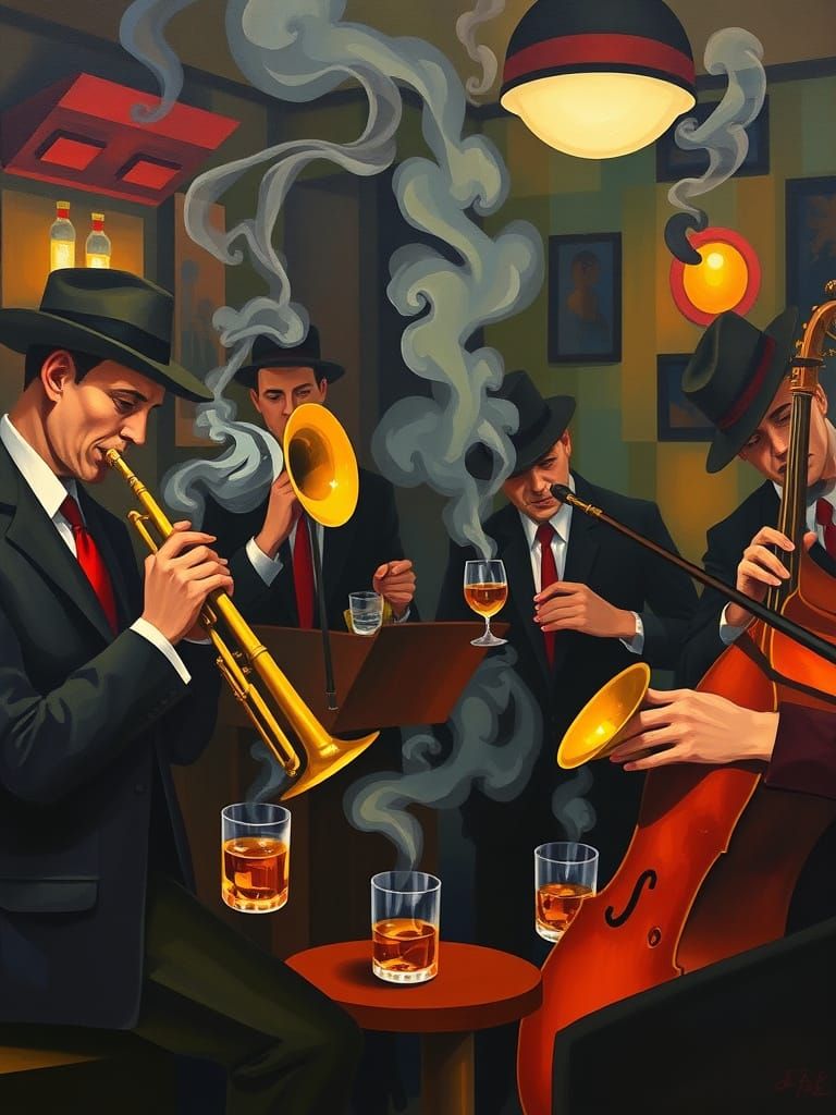Roaring 20s Jazz Band: Geometric Oil Painting