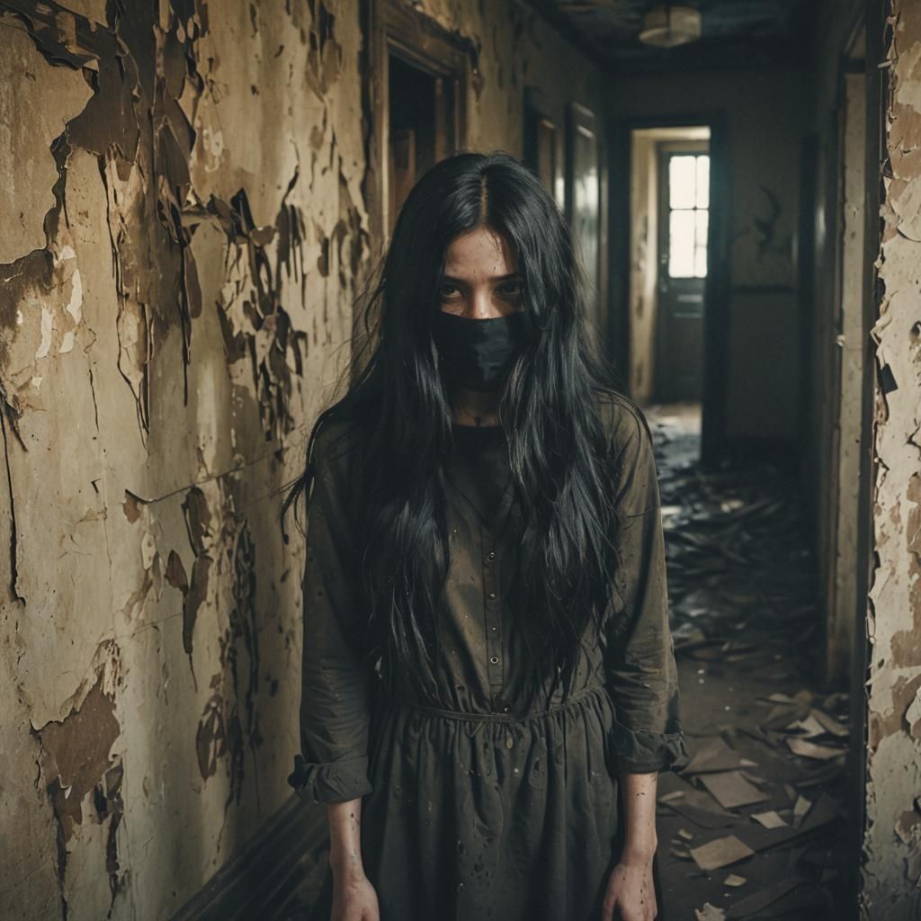 Ominous Girl in Abandoned House: Cinematic Horror Portrait