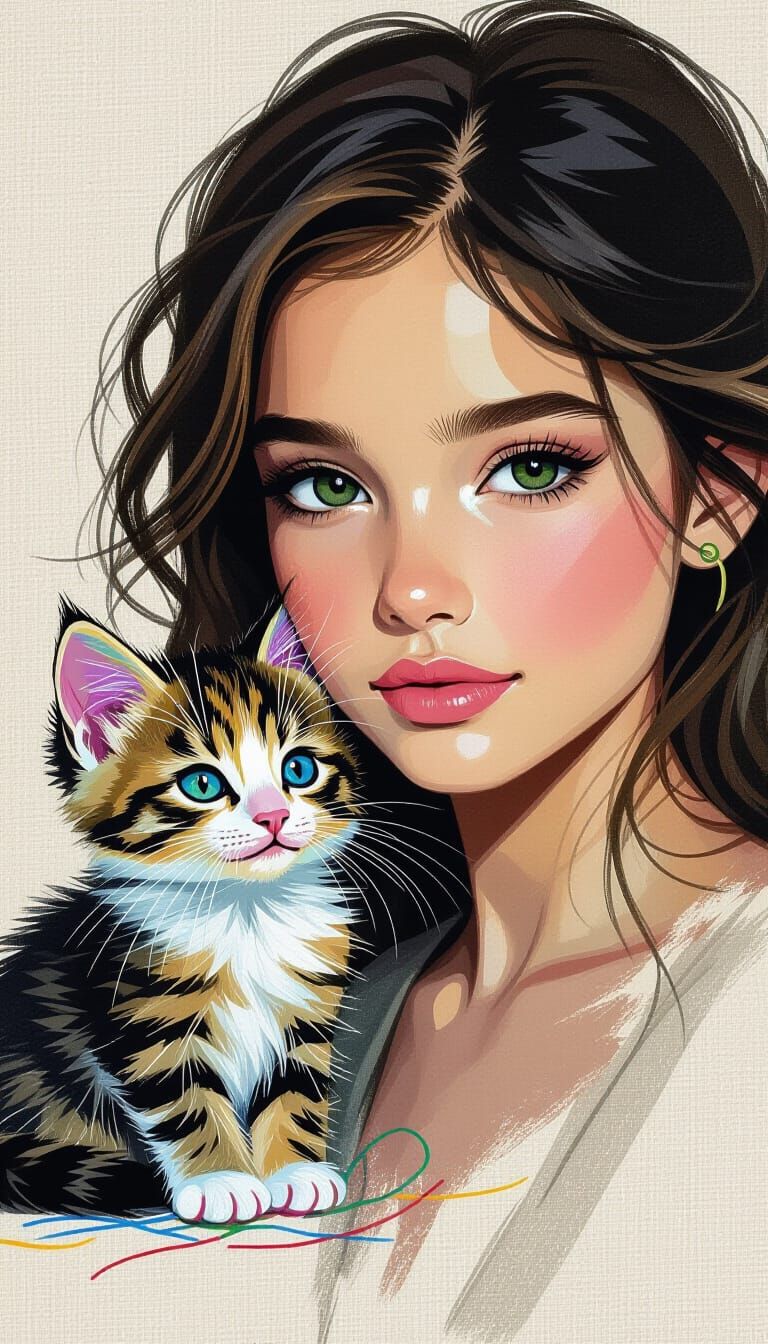 Girl and Kitten: Charcoal Sketch Meets Embroidery Art