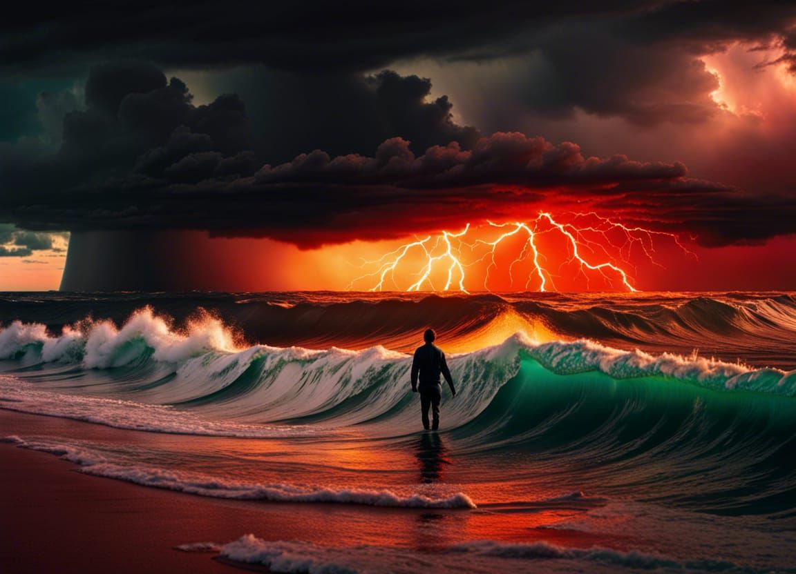 Person Reaching from Stormy Ocean Under Lightning Sky
