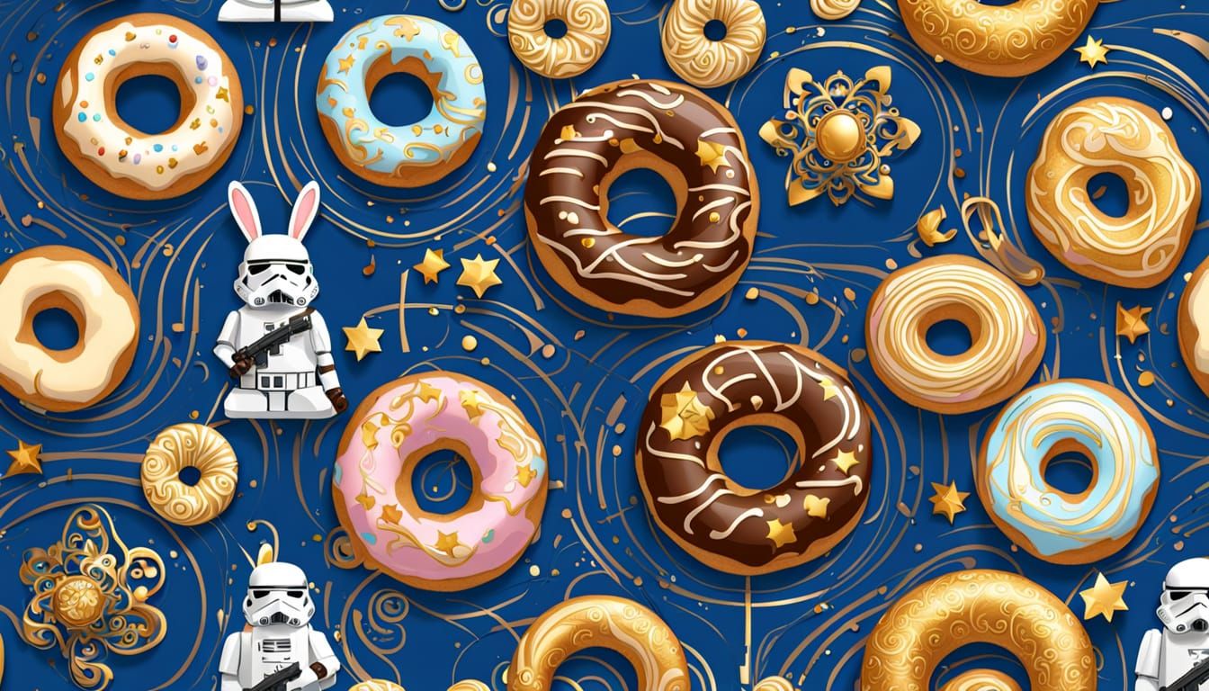 Golden Donuts in a Celestial Art Nouveau Scene