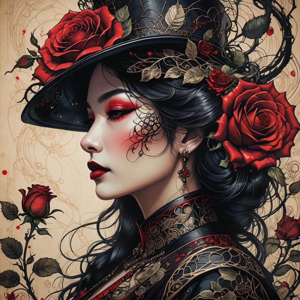 Steampunk Geisha: Translucent Woman with Red Rose
