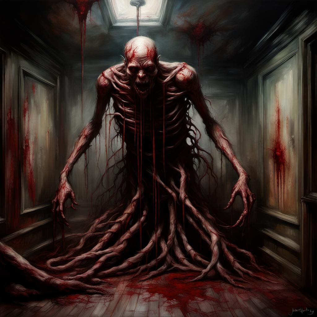 Macabre Horror: Twisted Monster in Shadows