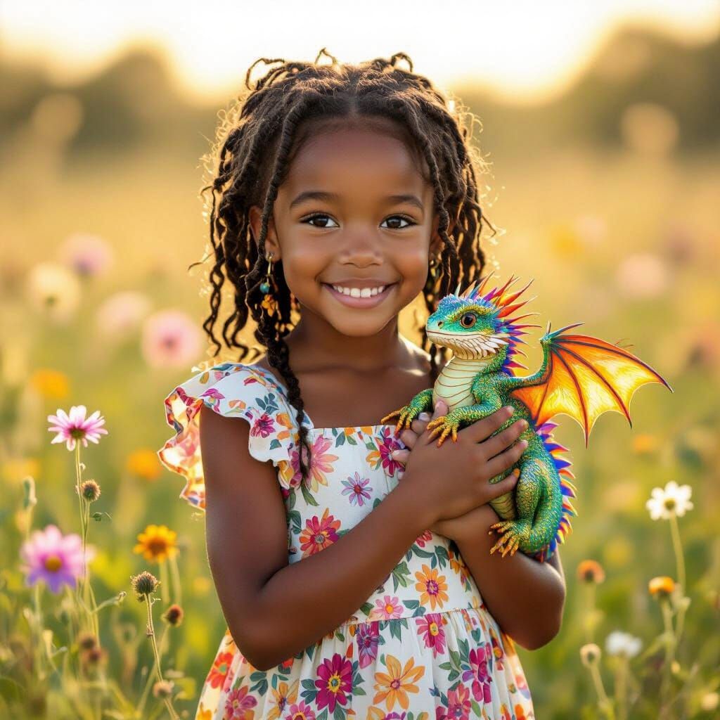 Girl with Dragon in Wildflower Meadow, Fantasy Art