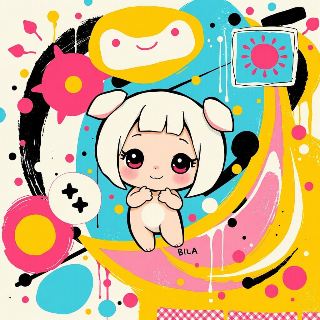 Pastel Kawaii Character in Abstract Expressionist Swirls