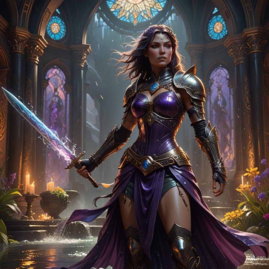 Dark Fantasy Warrior Goddess Wields Sword of Holy Water in M...