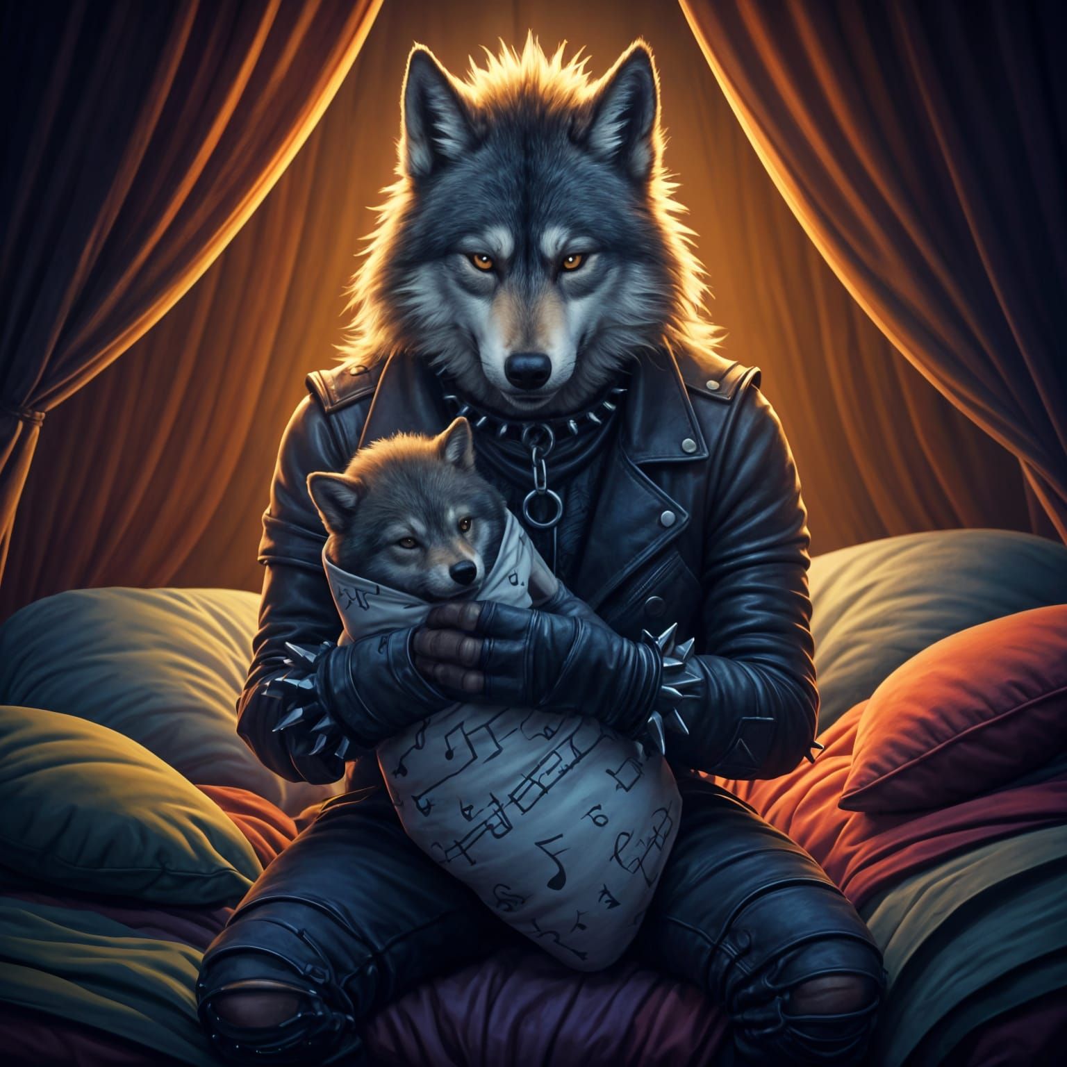 Anthropomorphic Wolf Metalhead Tenderly Holds Baby in Cozy D...