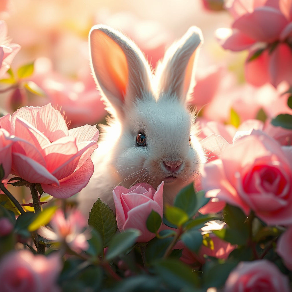 Delicate Bunny Hides Behind Rose Petals in Vibrant Bush
