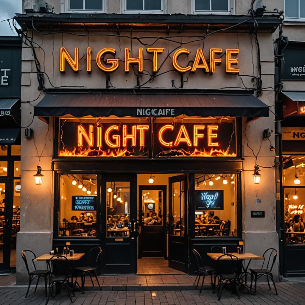 Night Cafe Sign in Fire and Lightning