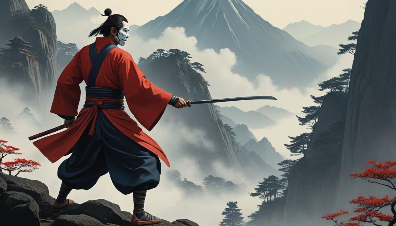 Masked Warrior with Double Blades in Japanese Woodblock Styl...