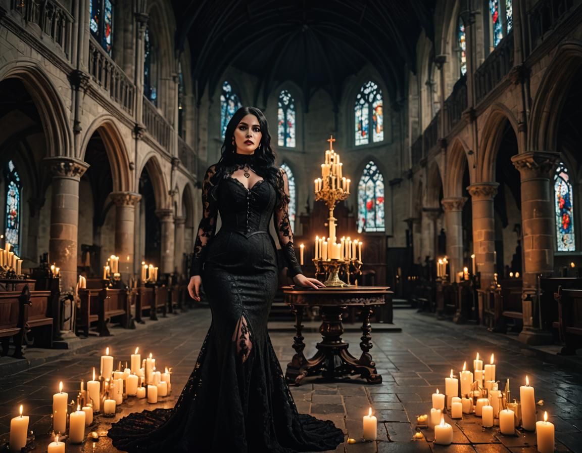 Gothic Woman in Victorian Church with Candles