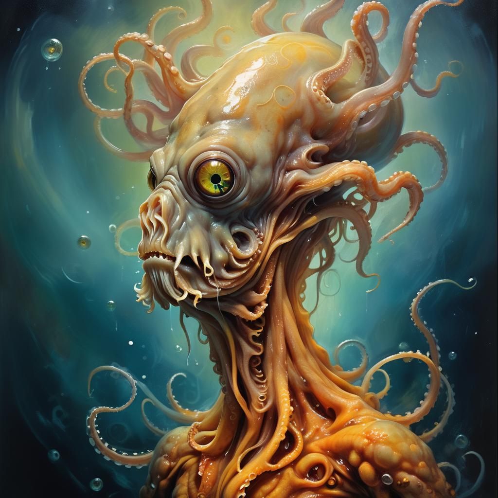 Squid Head Alien in Baroque Oil Painting Style