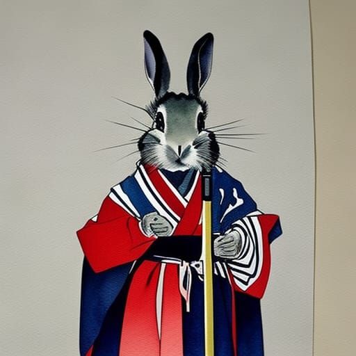 samurai rabbit in a traditional japanese kimono . watercolor painting.