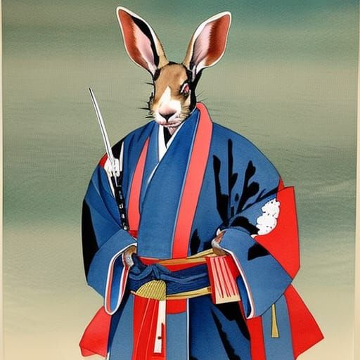 samurai rabbit in a traditional japanese kimono . watercolor painting.