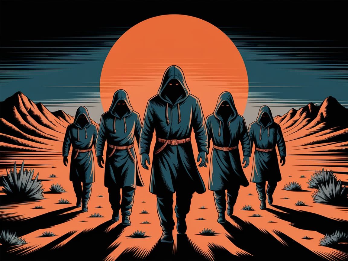 Mystical Travelers Under Glowing Orange Moon