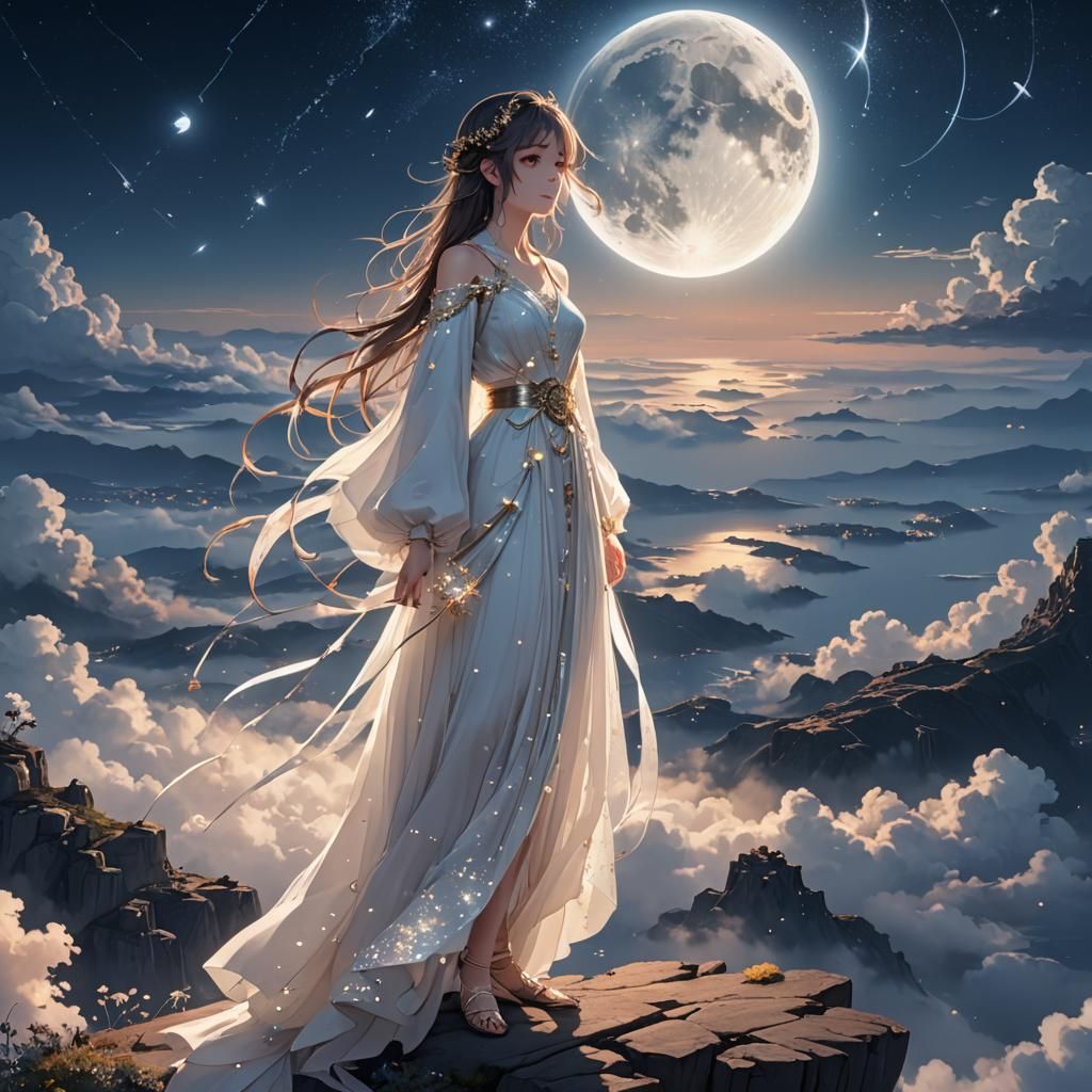 Girl in Celestial Gown Under Moonlight: 3D Anime Art