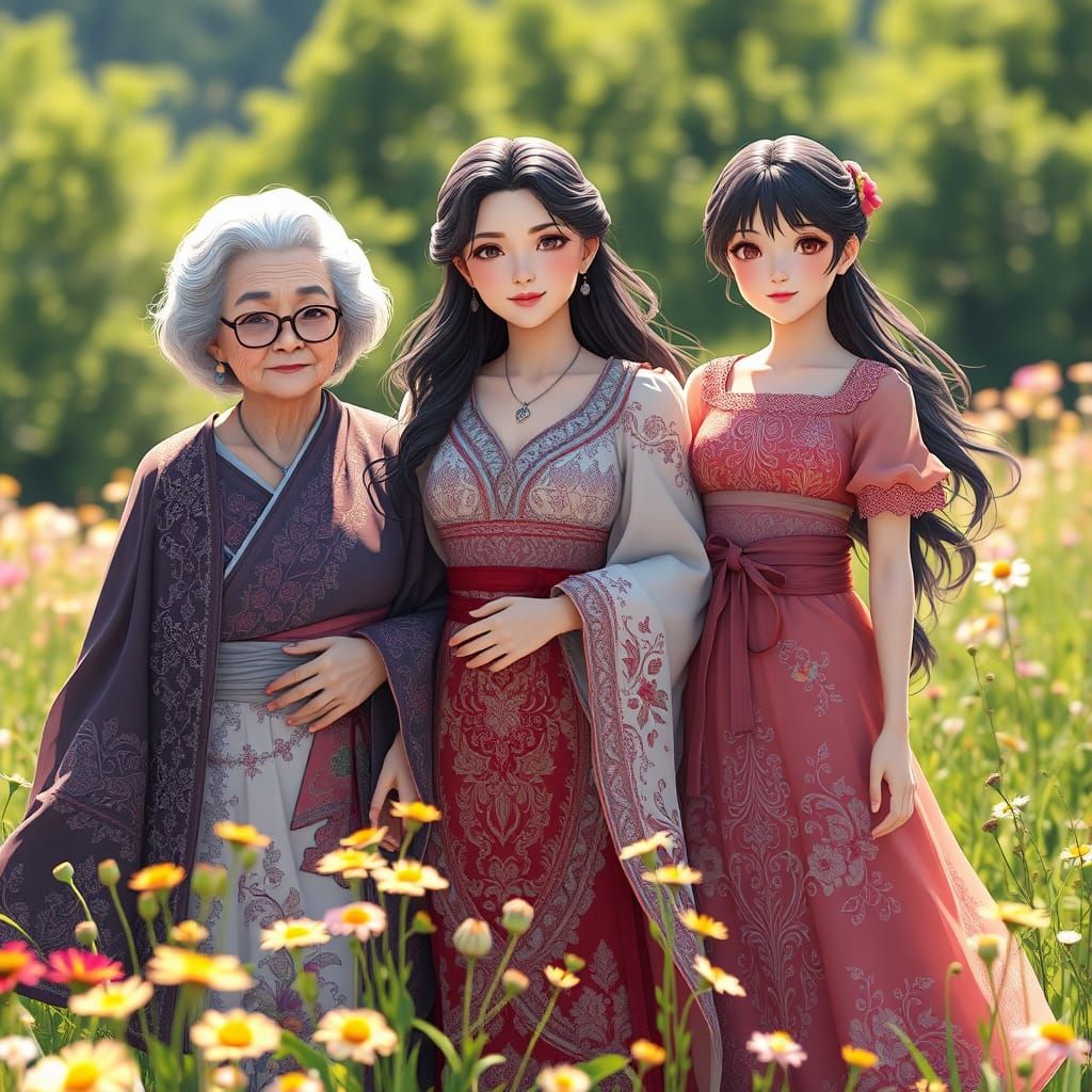 Anime Women in Sunlit Meadow