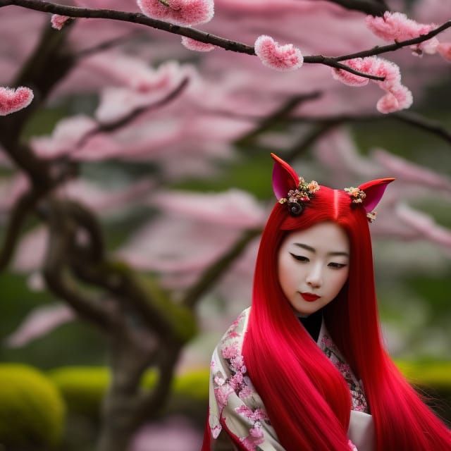 Kitsune Woman in Japanese Ninja Armor with Sakura Blossoms