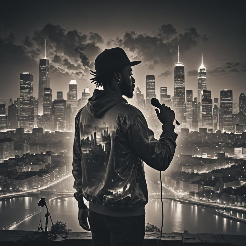 Rapper and Cityscape Double Exposure in Dark Style
