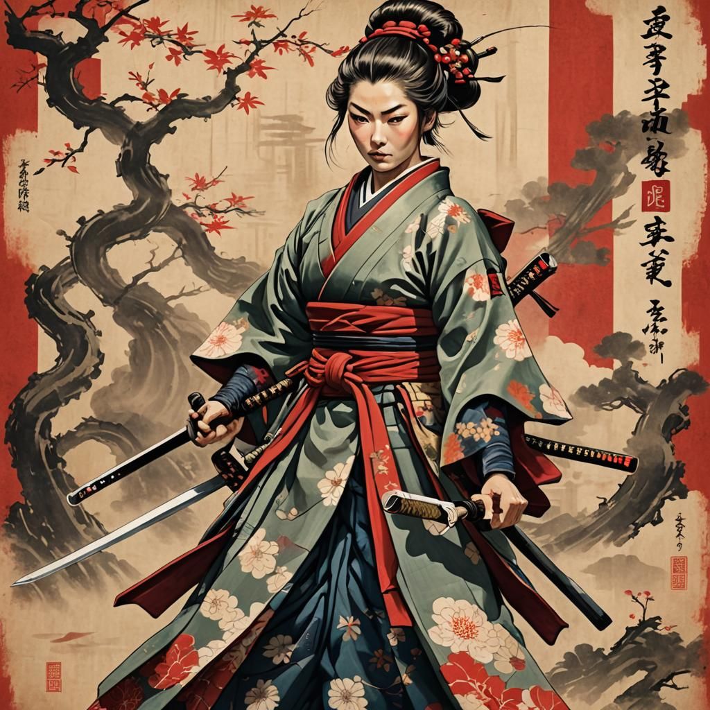 Female Samurai with Sword in Ukiyo-e Style