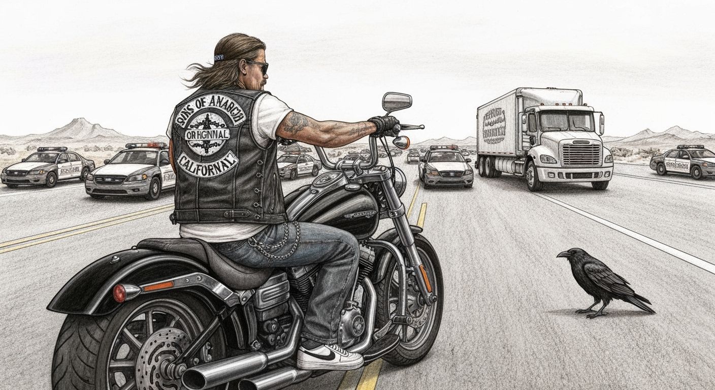 Biker Chase in Charcoal Drawing Style