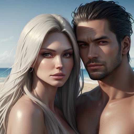 Couple on Beach Near Ocean in Splash Art Style