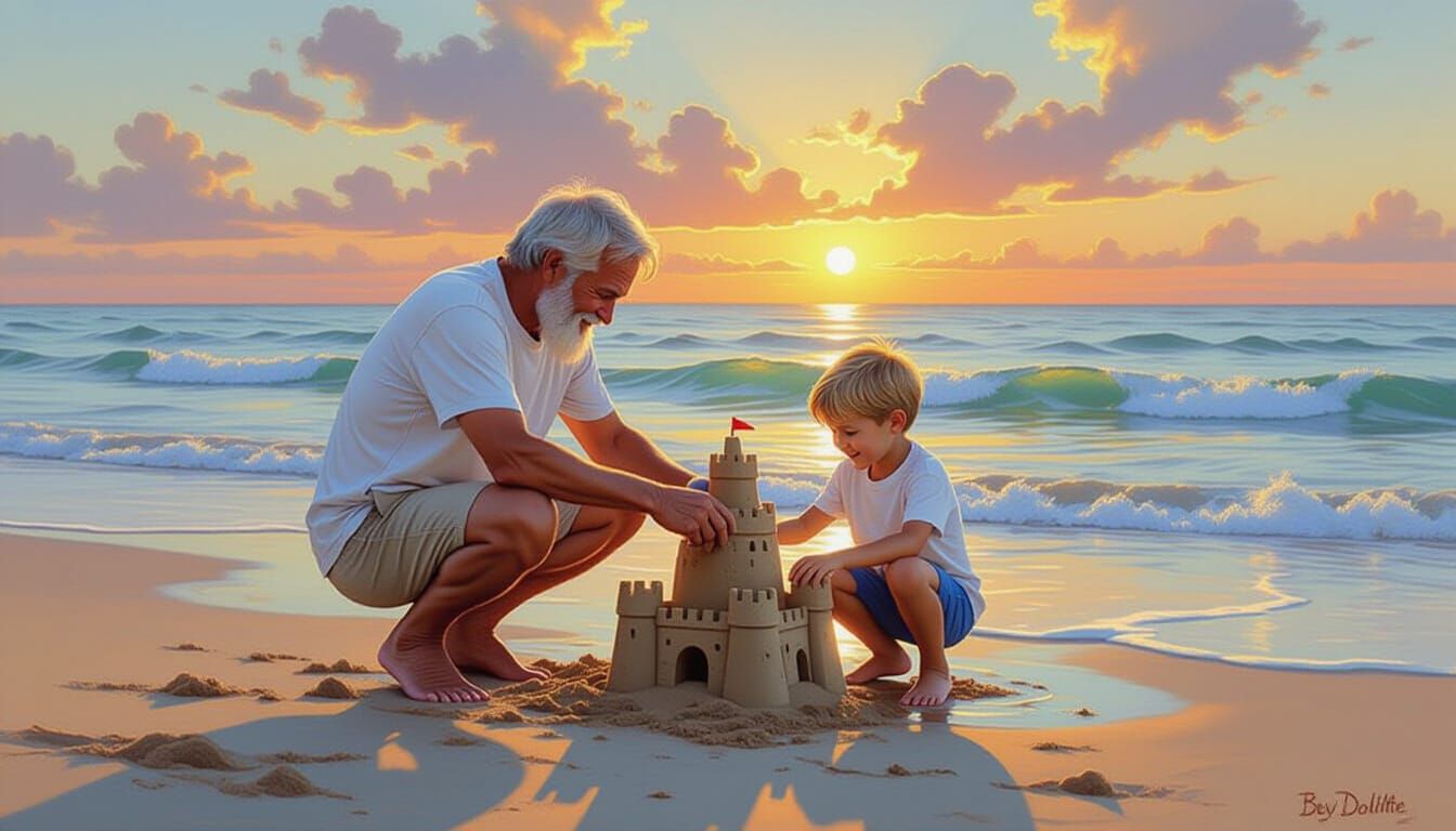 Beach Sandcastle Scene in Whimsical Style