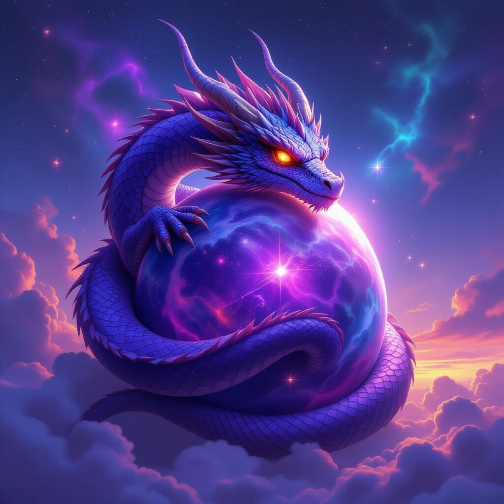 Celestial Dragon Guarding Amethyst Planet in Hyperrealistic ...